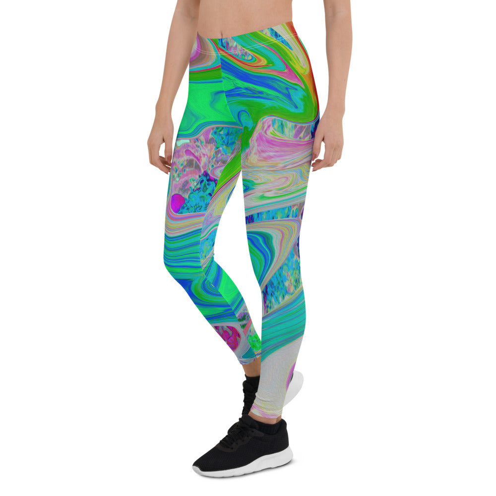 Leggings for Women, Colorful Marbled Lime Green Abstract Retro Liquid Art