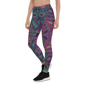 Leggings for Women, Abstract Magenta and Teal Blue Groovy Retro Pattern