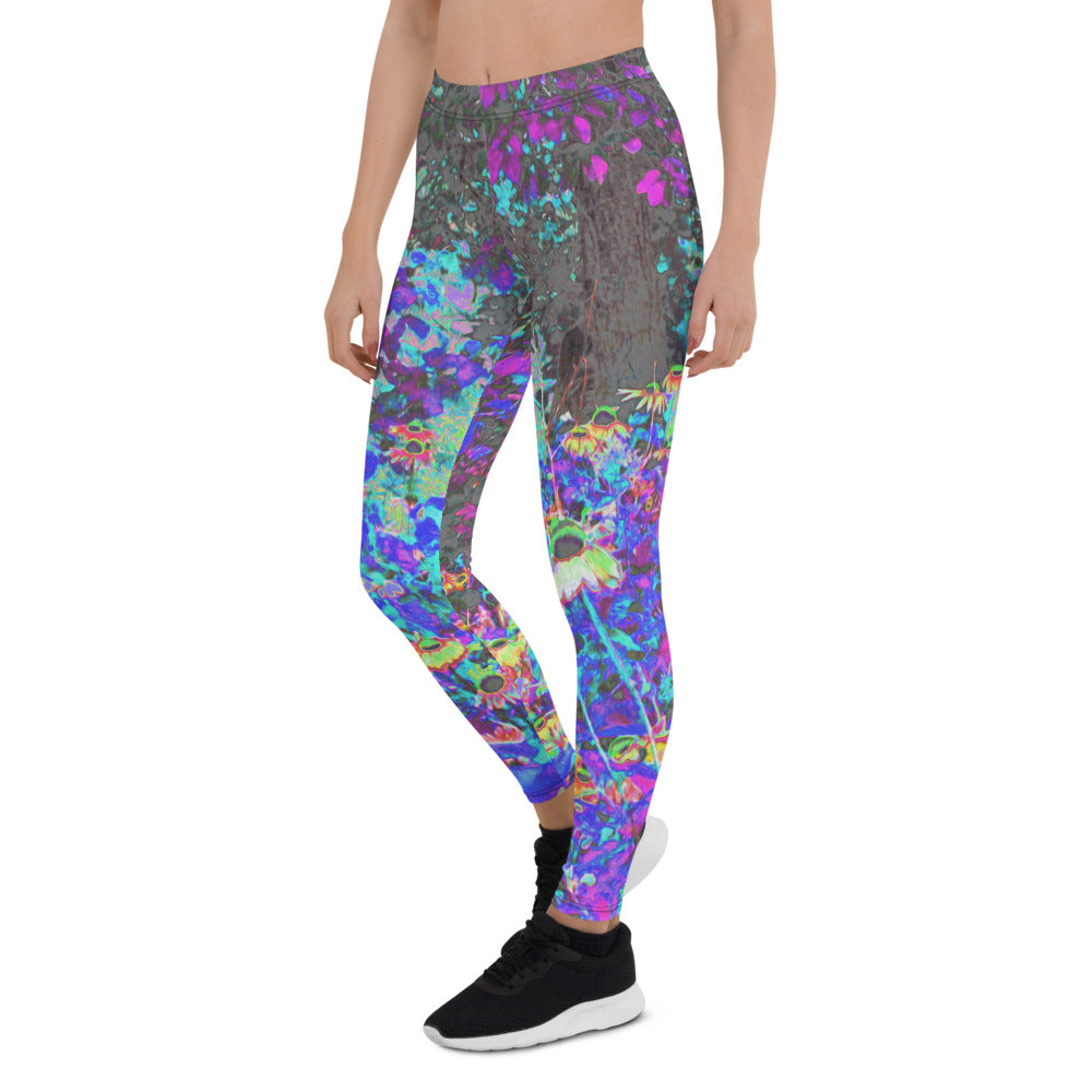 Leggings for Women, Trippy Lime Green and Purple Garden Sunrise