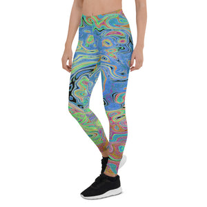 Leggings for Women, Watercolor Blue Groovy Abstract Retro Liquid Swirl