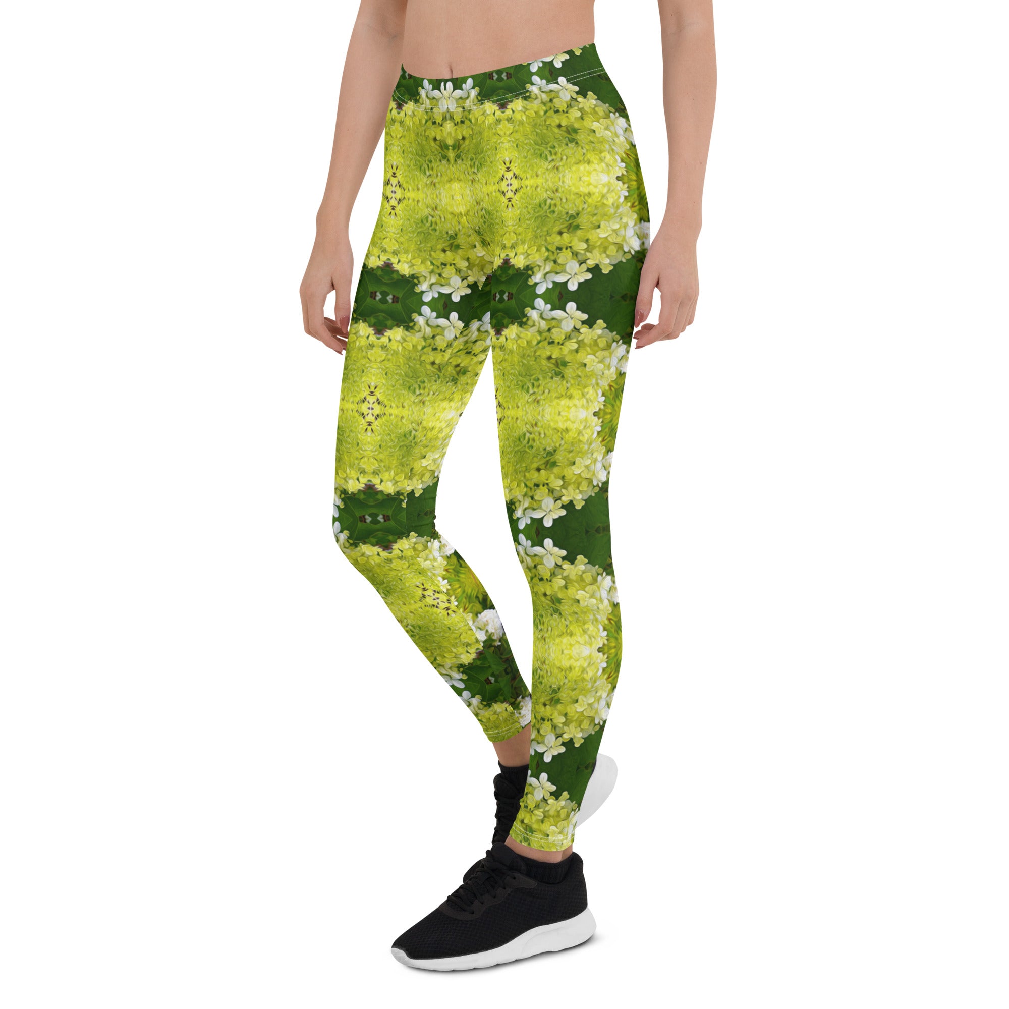 Leggings for Women, Chartreuse Green Abstract Hydrangea Blooms Pattern