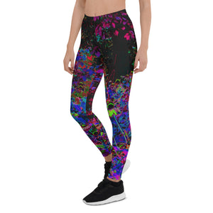 Leggings for Women, Psychedelic Crimson Red and Black Garden Sunrise