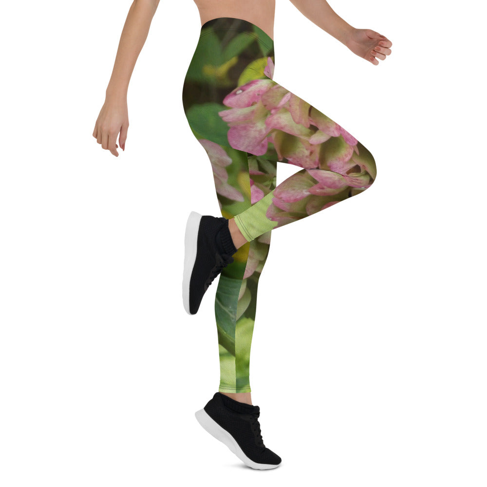 Leggings for Women, Autumn Hydrangea Bloom with Golden Hosta Leaves