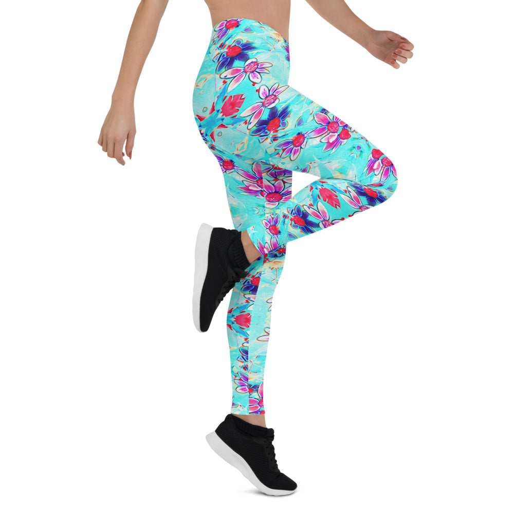 Leggings for Women, Cute Girly Purple Flower Pattern on Aqua Blue