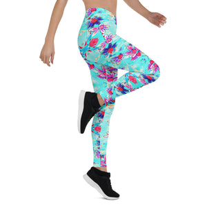 Leggings for Women, Cute Girly Purple Flower Pattern on Aqua Blue