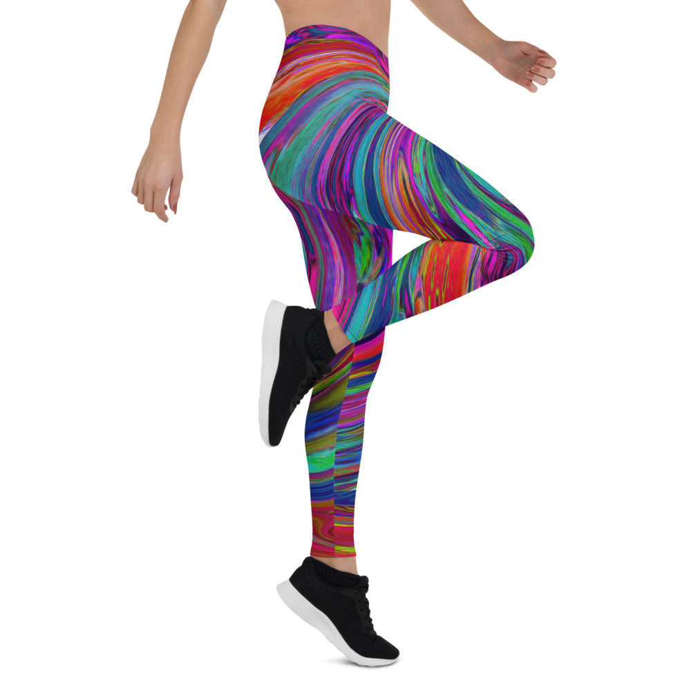 Leggings for Women, Groovy Abstract Retro Magenta Dark Rainbow Swirl
