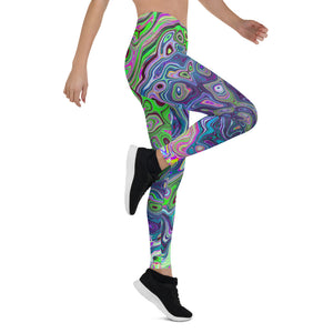 Leggings for Women, Marbled Lime Green and Purple Abstract Retro Swirl