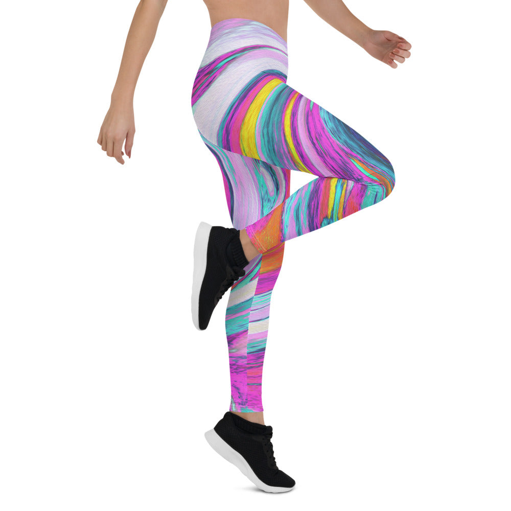 Colorful Leggings for Women, Cool Retro Magenta, Pink and Blue Liquid Art Swirl