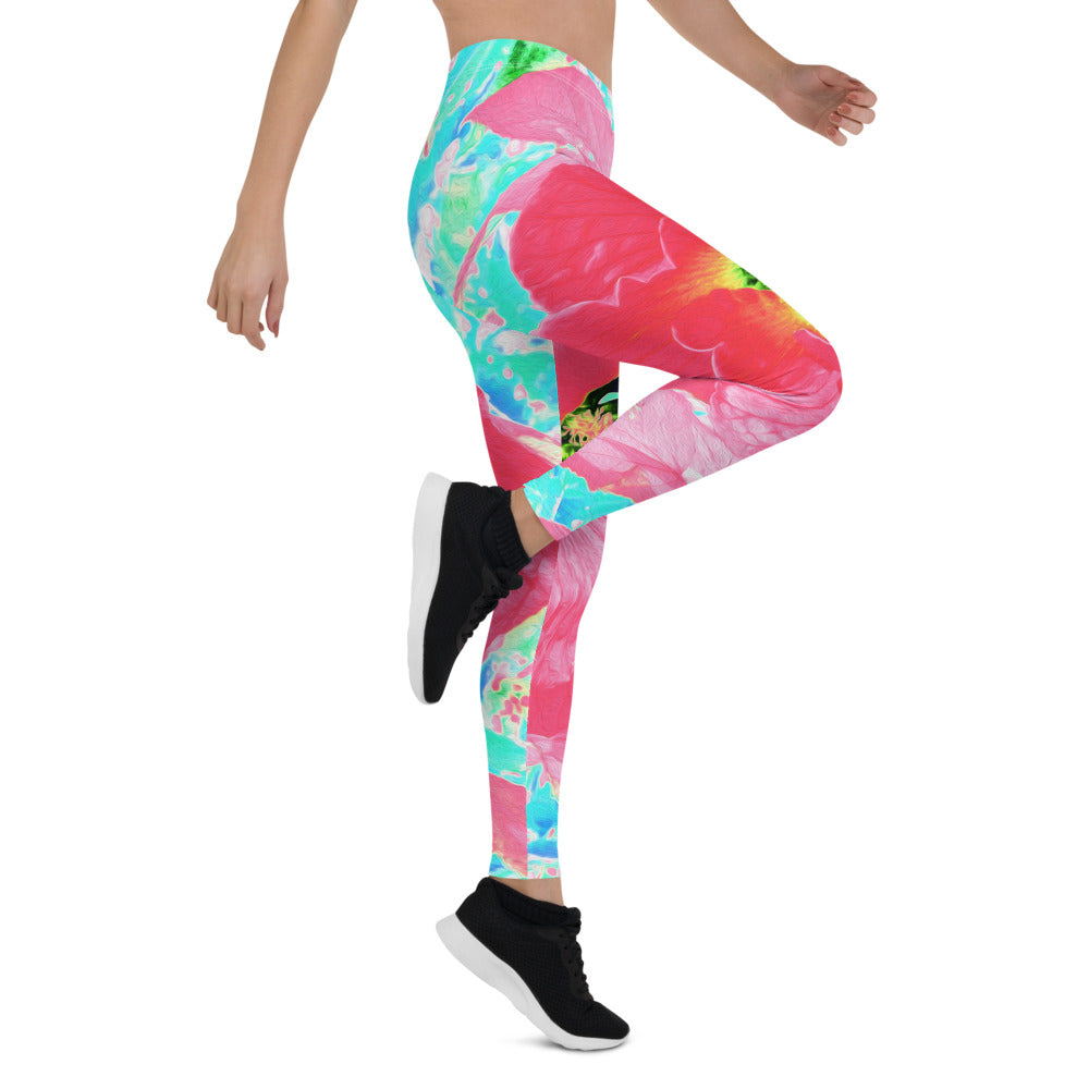 Leggings for Women, Two Rosy Red Coral Plum Crazy Hibiscus on Aqua