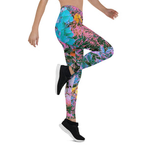 Leggings for Women, Abstract Coral, Pink, Green and Aqua Garden Foliage