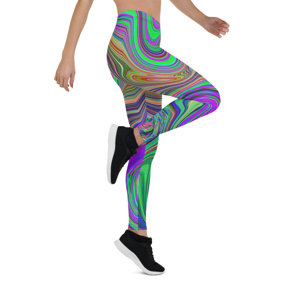 Leggings for Women, Trippy Lime Green and Purple Waves of Color