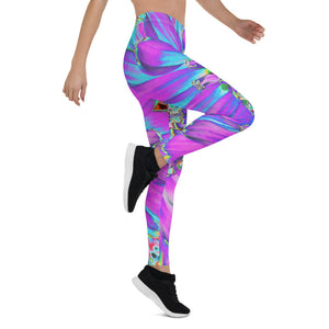 Leggings for Women, Trippy Abstract Aqua, Lime Green and Purple Dahlia
