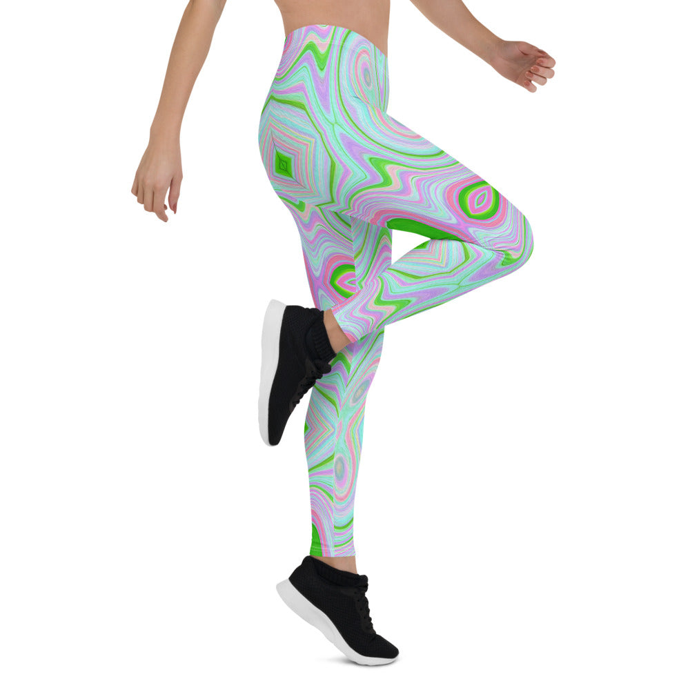 Leggings for Women, Retro Abstract Pink, Lime Green and Aqua Pattern