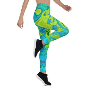 Leggings for Women, Groovy Chartreuse and Aquamarine Liquid Swirl