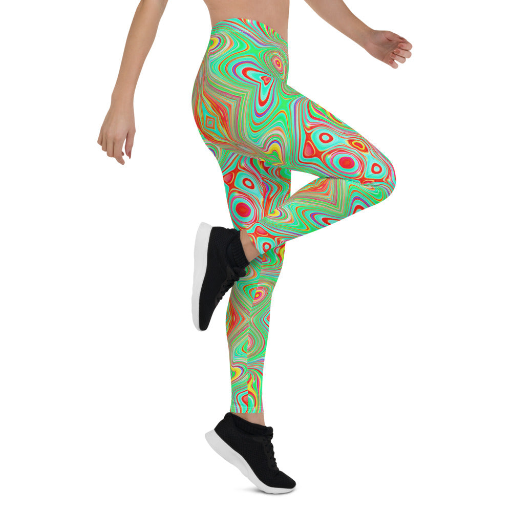 Leggings for Women, Trippy Retro Orange and Lime Green Abstract Pattern