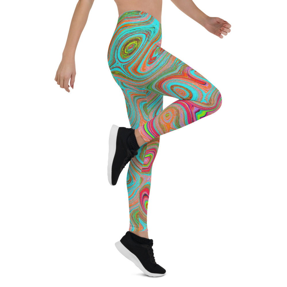 Leggings for Women, Trippy Retro Orange and Aqua Groovy Abstract Art