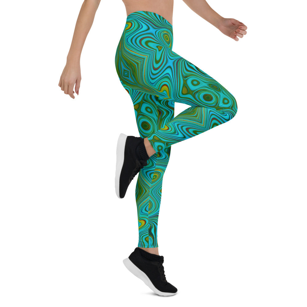 Leggings for Women, Trippy Retro Turquoise Chartreuse Abstract Pattern