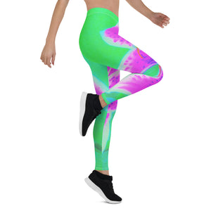 Leggings for Women, Hot Pink Stargazer Lily on Turquoise and Green