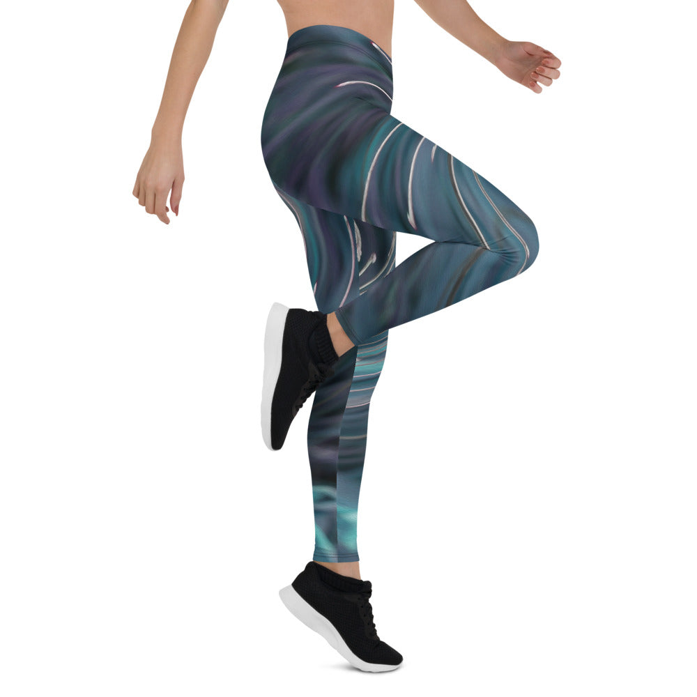 Leggings for Women, Cool Abstract Retro Black and Teal Cosmic Swirl