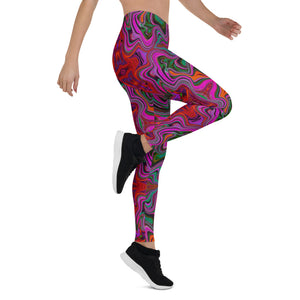 Leggings for Women, Cool Trippy Magenta, Red and Green Wavy Pattern