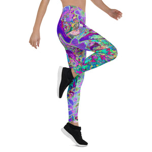 Leggings for Women, Trippy Abstract Pink and Purple Flowers