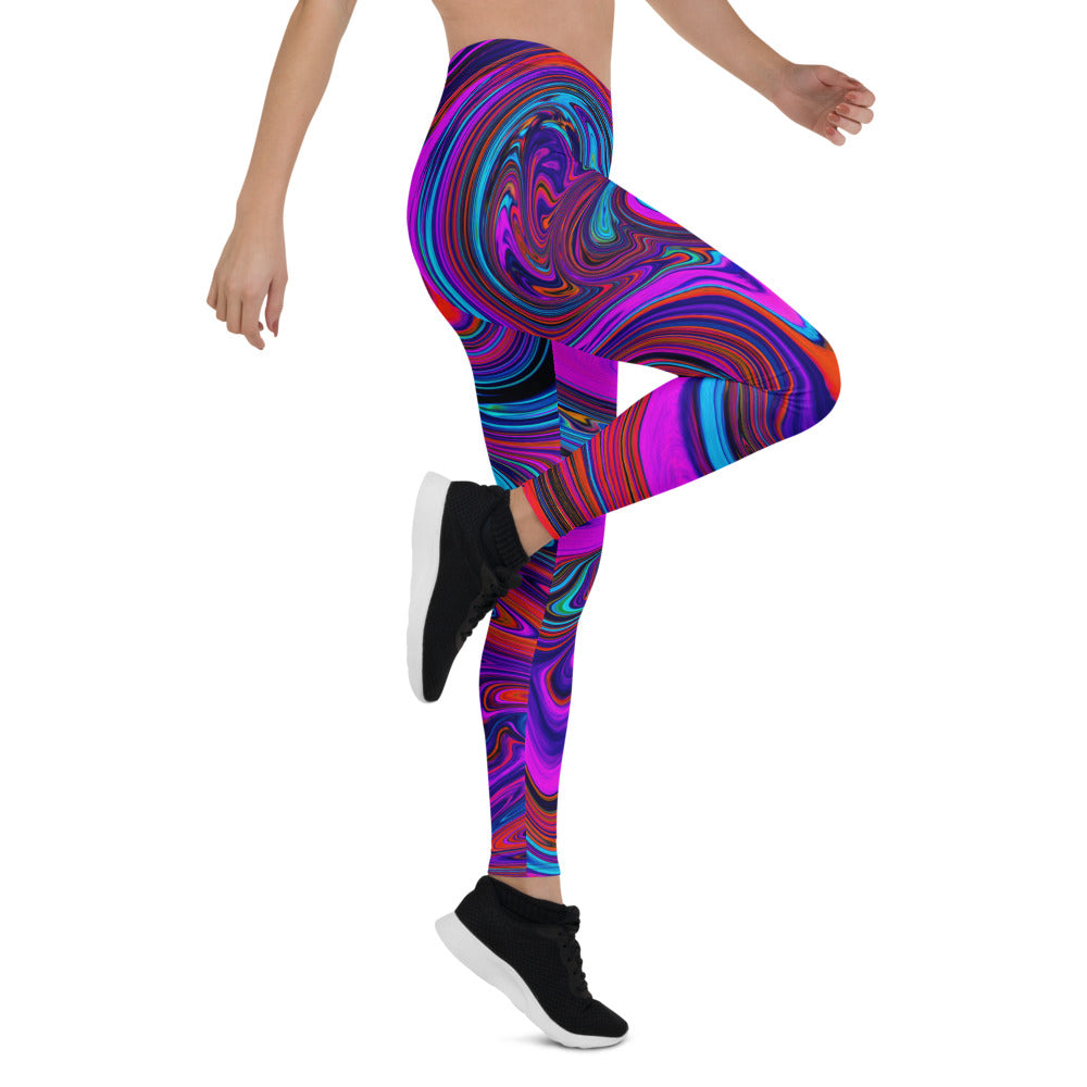 Leggings for Women, Marbled Magenta, Blue and Red Abstract Art