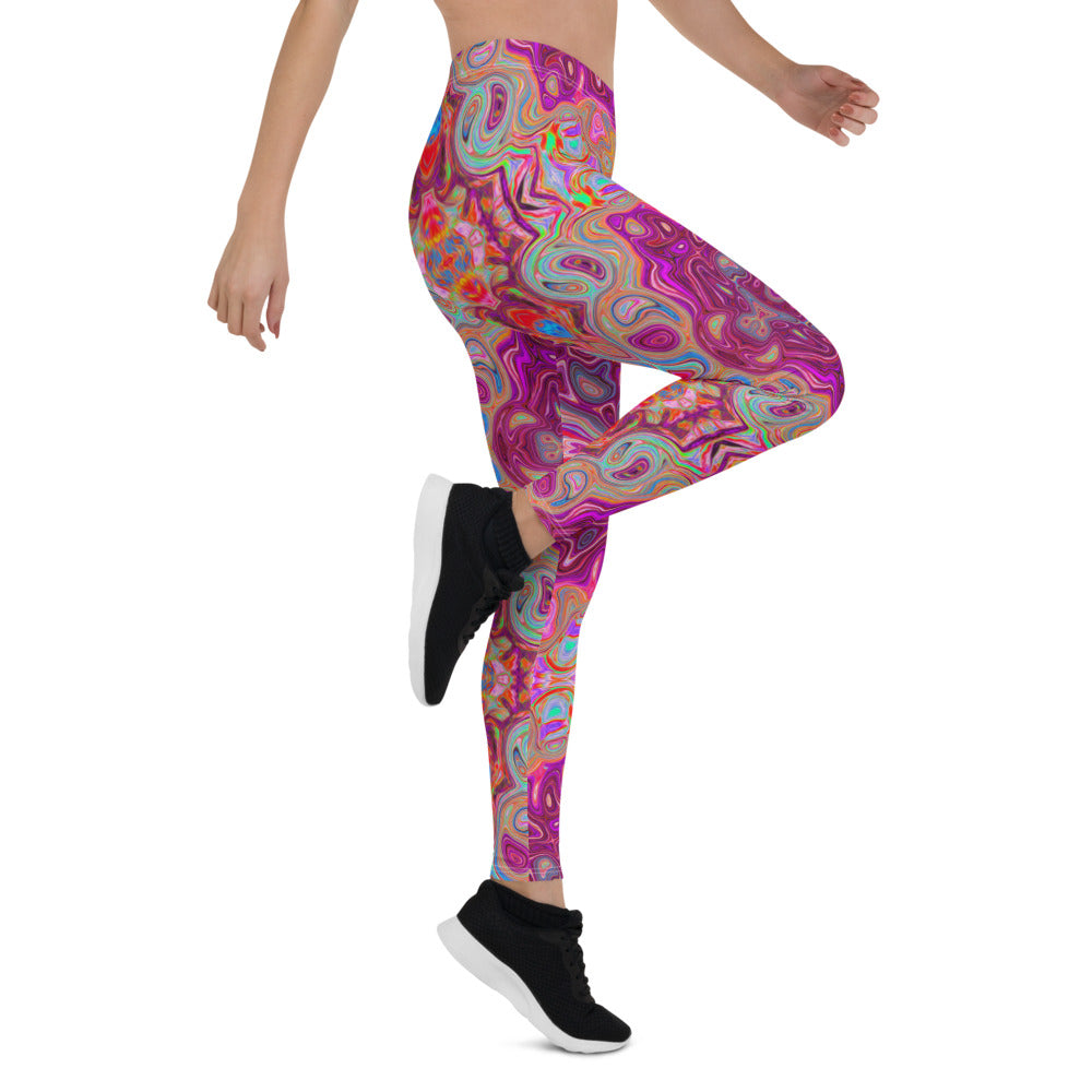 Leggings for Women, Abstract Magenta, Pink, Blue and Red Groovy Pattern