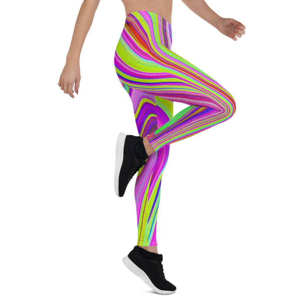 Leggings for Women, Trippy Yellow and Pink Abstract Groovy Retro Art