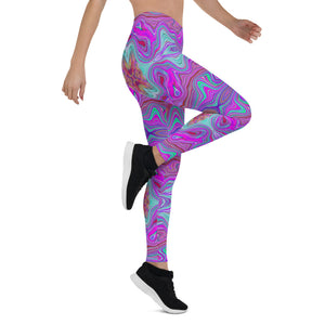 Leggings for Women, Wavy Magenta and Blue Trippy Marbled Pattern