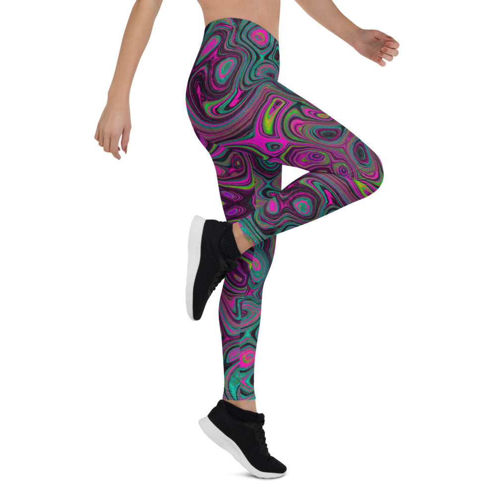 Leggings for Women, Abstract Magenta and Teal Blue Groovy Retro Pattern