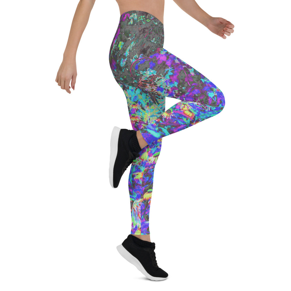 Leggings for Women, Trippy Lime Green and Purple Garden Sunrise