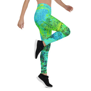 Leggings for Women, Trippy Lime Green and Blue Impressionistic Landscape