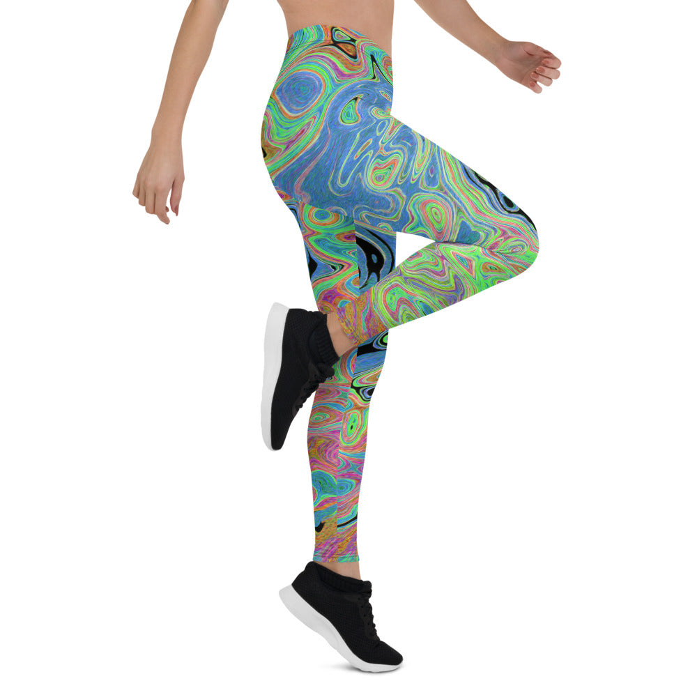 Leggings for Women, Watercolor Blue Groovy Abstract Retro Liquid Swirl