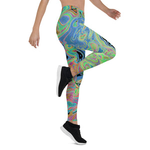 Leggings for Women, Watercolor Blue Groovy Abstract Retro Liquid Swirl