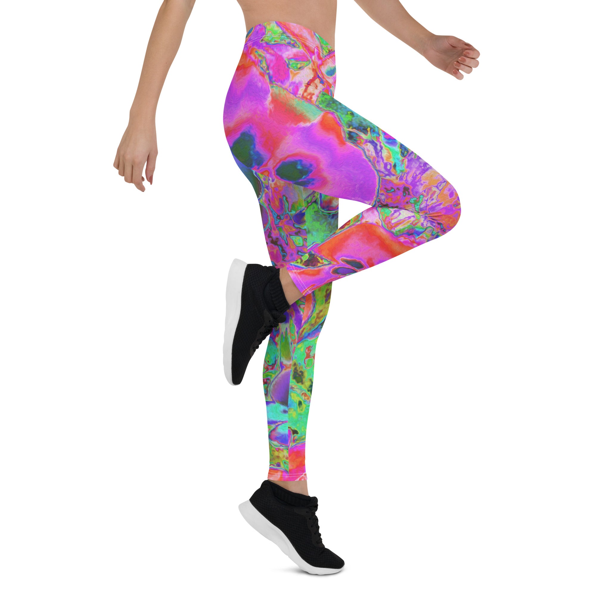 Leggings for Women, Trippy Psychedelic Hot Pink and Purple Flowers