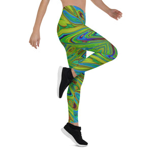 Leggings for Women, Trippy Chartreuse and Blue Abstract Butterfly