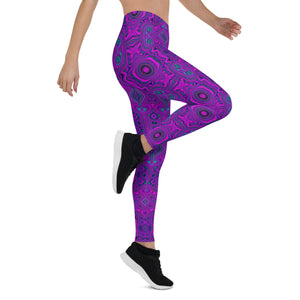 Leggings for Women, Trippy Retro Magenta and Black Abstract Pattern