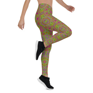 Leggings for Women, Trippy Retro Chartreuse Magenta Abstract Pattern