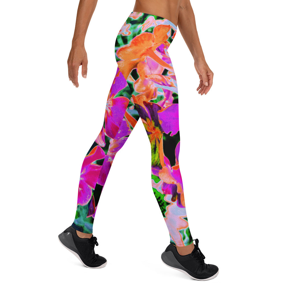 Leggings for Women - Blooming Abstract Magenta and Orange Flower