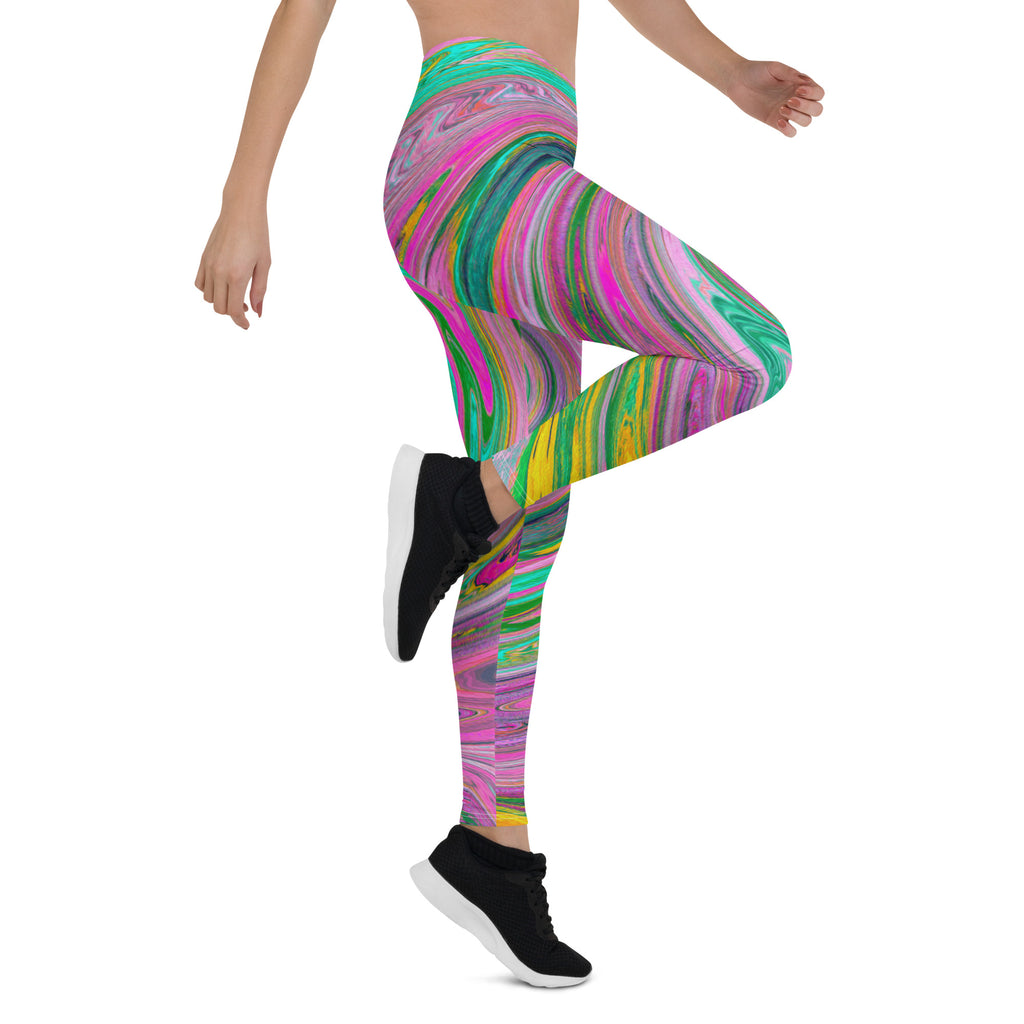 Leggings for Women - Groovy Abstract Retro Pink and Mint Green Swirl