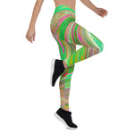 Leggings for Women - Groovy Abstract Retro Green and Hot Pink Swirl