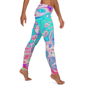 Leggings for Women - Groovy Aqua Blue and Pink Abstract Retro Swirl