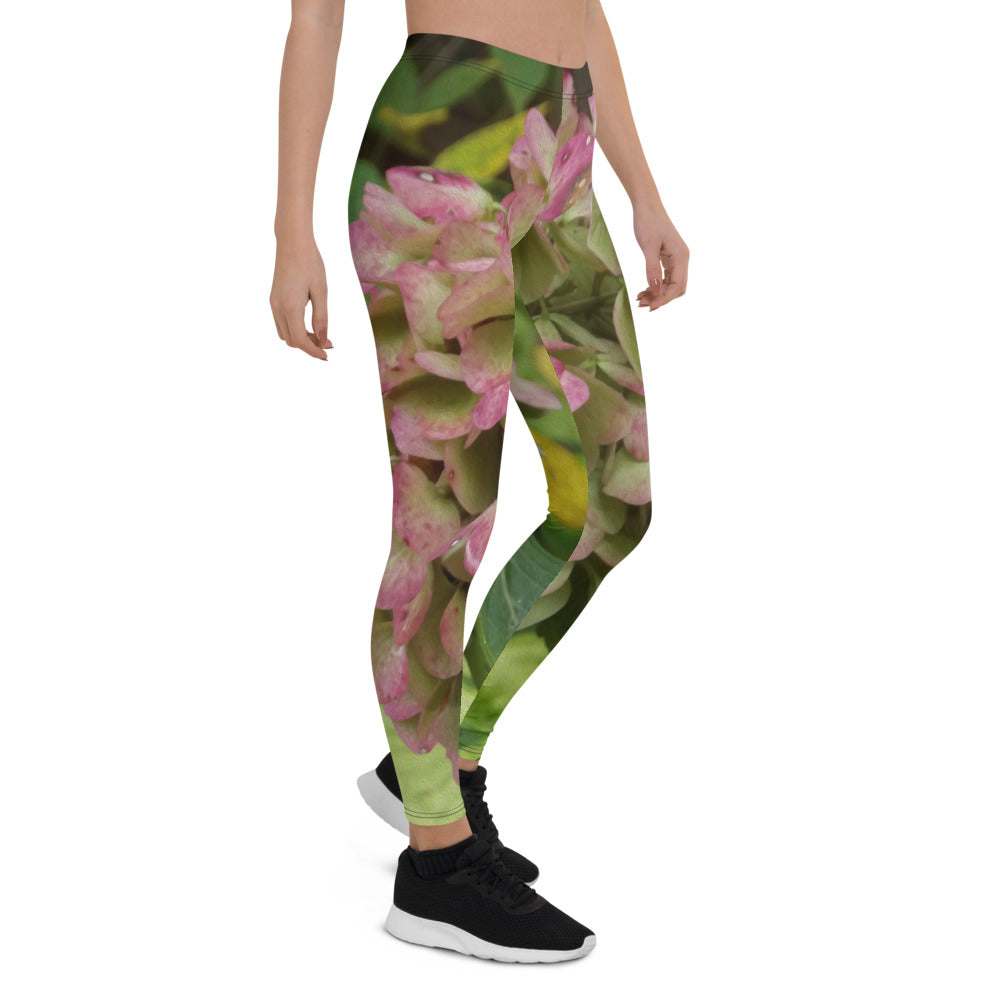 Leggings for Women, Autumn Hydrangea Bloom with Golden Hosta Leaves