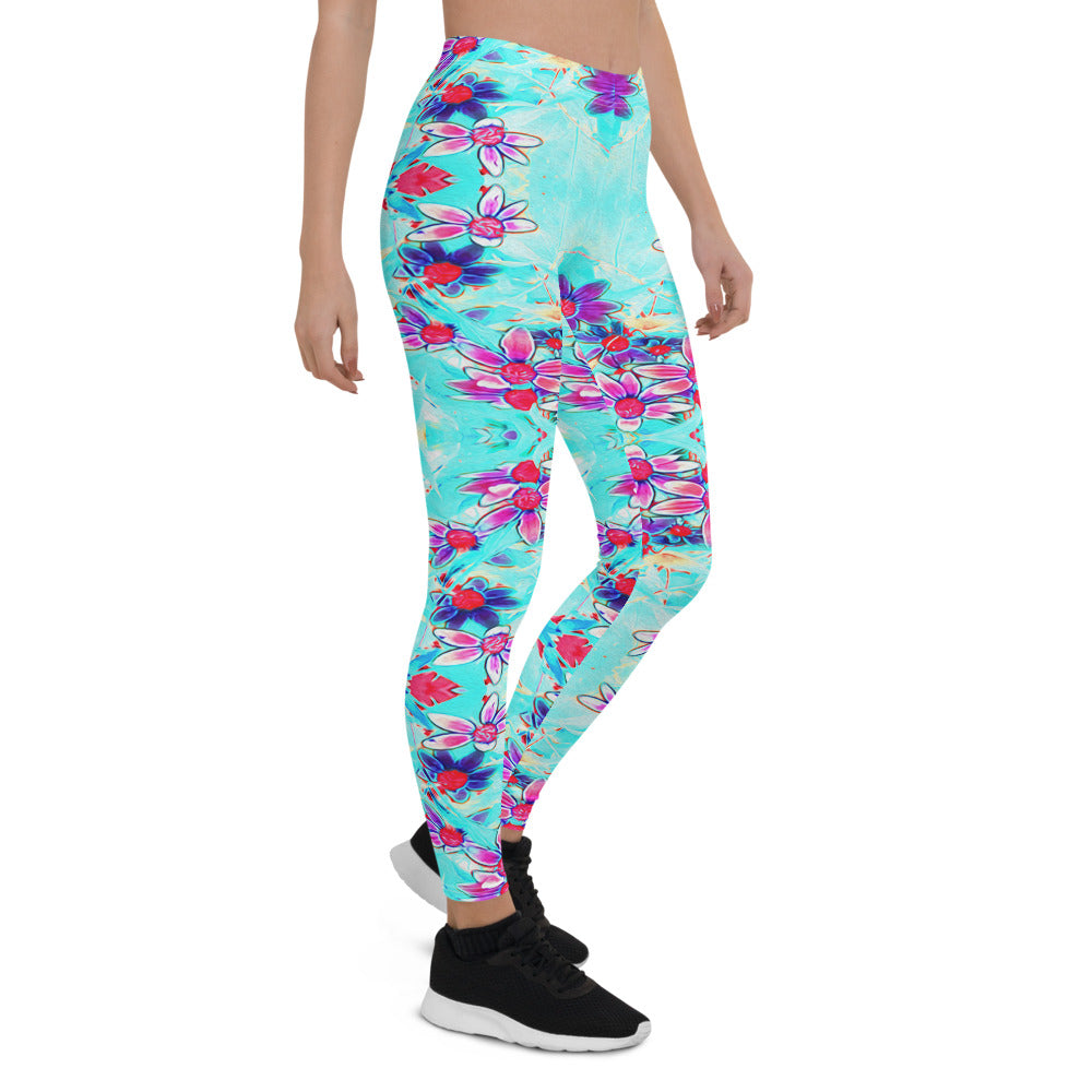 Leggings for Women, Cute Girly Purple Flower Pattern on Aqua Blue