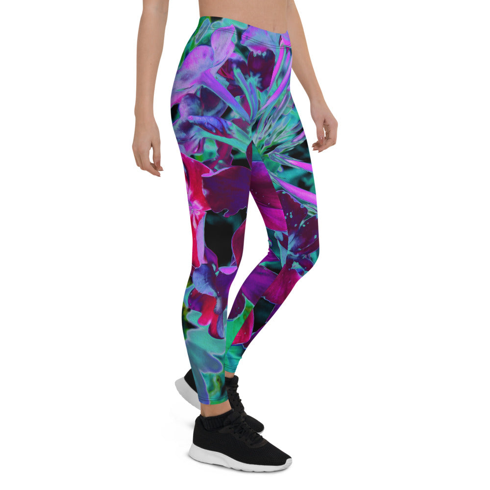 Leggings for Women, Dramatic Red, Purple and Pink Garden Flower