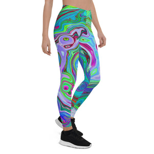 Leggings for Women, Retro Green, Red and Magenta Abstract Groovy Swirl