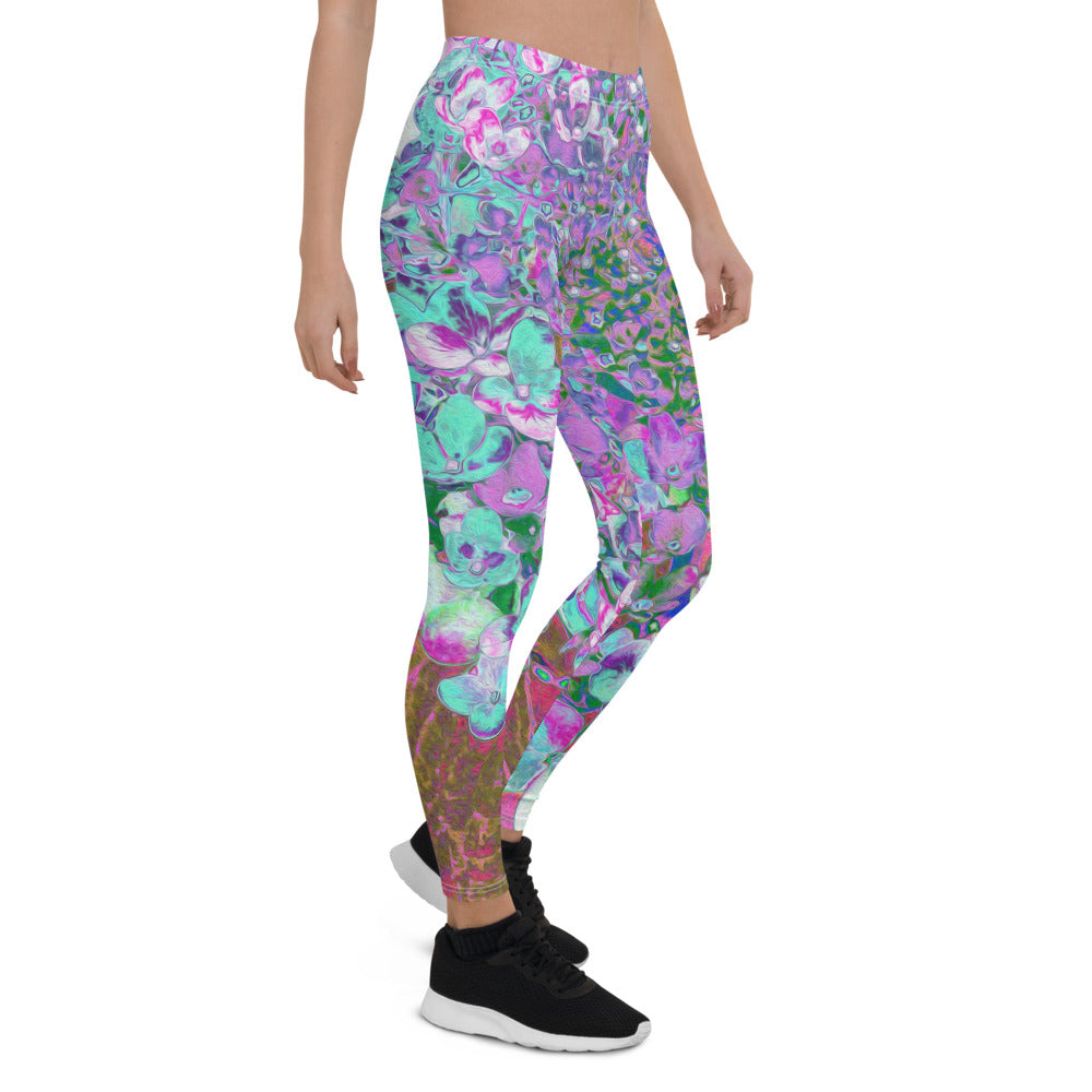 Leggings for Women, Elegant Aqua and Purple Limelight Hydrangea Detail