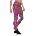 Colorful Leggings for Women, Trippy Garden Quilt Painting with Lime Green Hydrangea