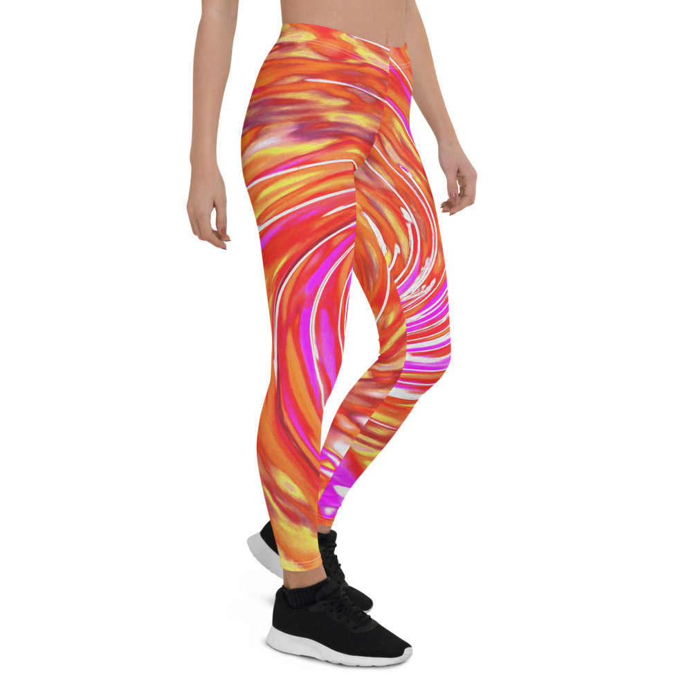 Colorful Leggings for Women, Abstract Retro Magenta and Autumn Colors Floral Swirl