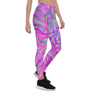 Colorful Floral Leggings for Women, Cool Pink Blue and Purple Artsy Dahlia Bloom